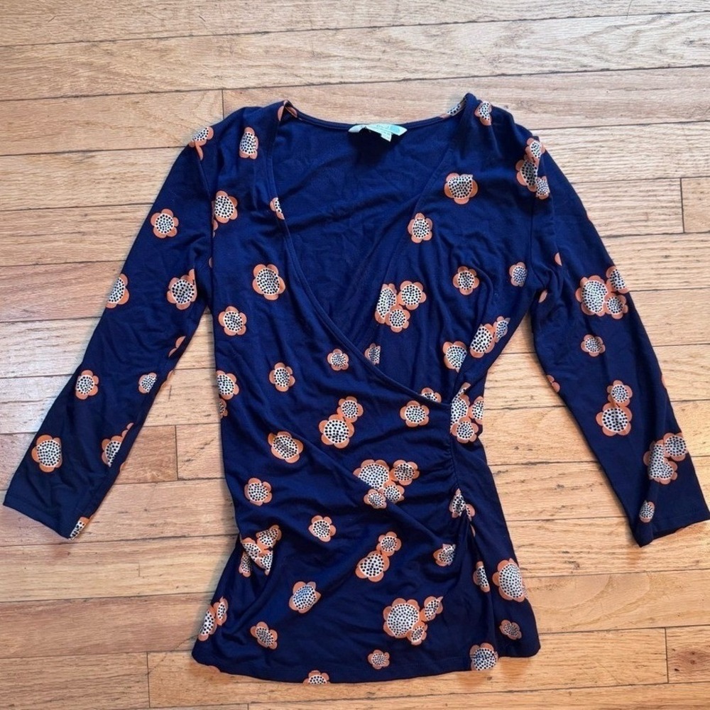 Boden Navy‎ Blue Orange Floral Faux Wrap Ruched Long Sleeve Top WL784 US 4R